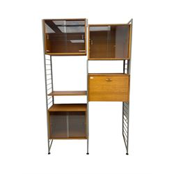 Ladderax - modular bookcase, silver finish ladders, three sections with sliding glazed doors, shelf and fall front section 