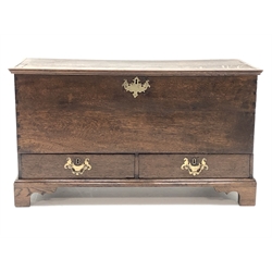  George lll oak mule chest, hinged moulded top above two short and drawers with brass swan-neck handles, on shaped bracket feet, W95cm, D42cm, H54cm  