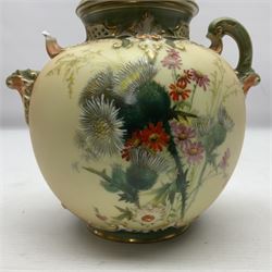 Royal Worcester blush ivory jar and cover, painted with flowers, H16cm