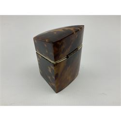 19th century tortoiseshell needle packet box of wedge form, with compartmented interior, H5.5cm, together with a 19th century tortoiseshell card or note case of book form, with inlaid silver motif to centre, the interior with card pocket, H7cm W7cm, (2)