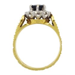 18ct gold round sapphire and diamond chip cluster ring, London 1976