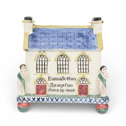 Mexborough Prattware Wesleyan Chapel Money Box, 1848, typically modelled as a chapel with ...