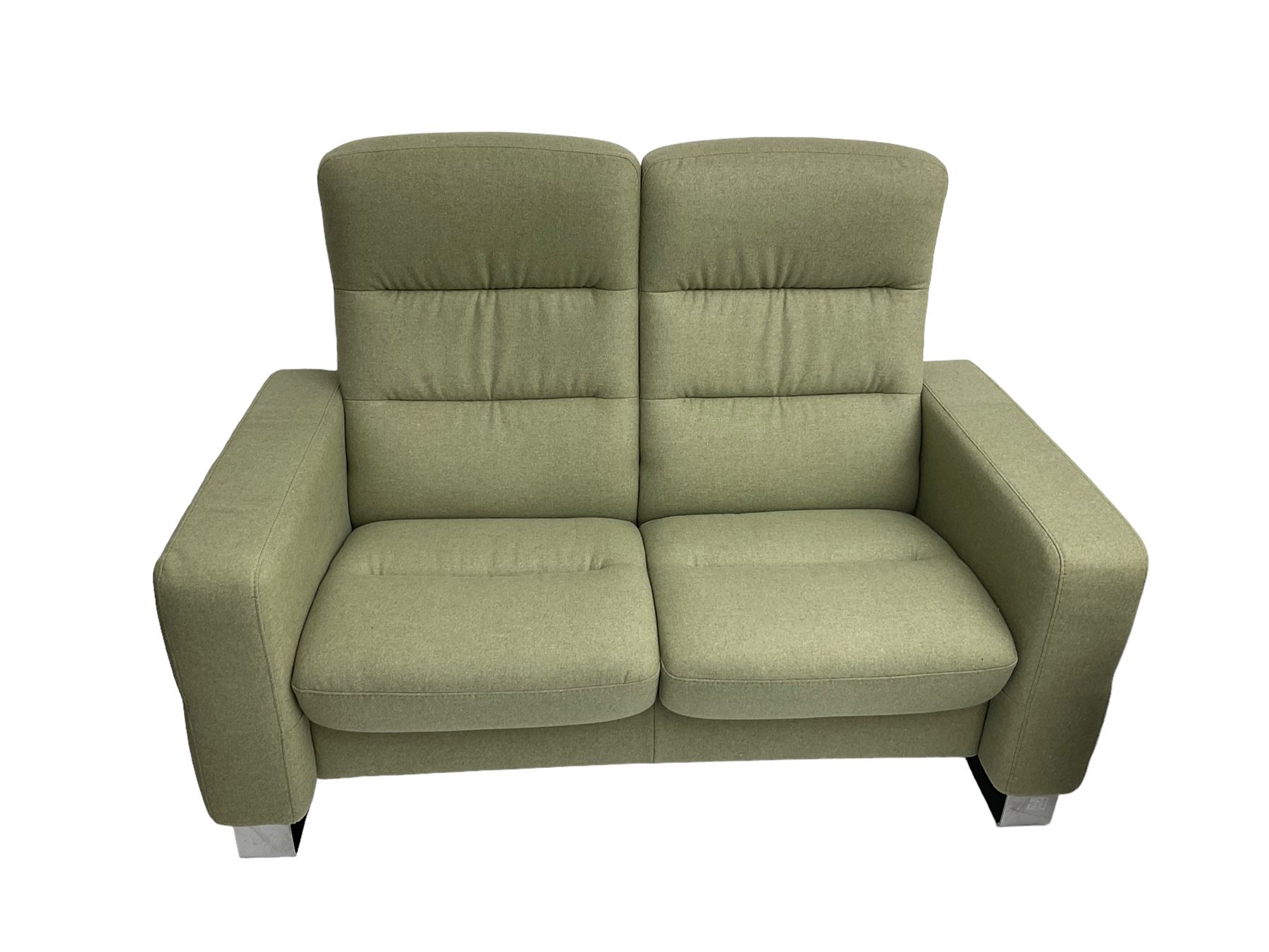 Ekornes Stressless - three seat reclining sofa upholstered in pale green fabric (198cm x 82cm x 100cm), Ekornes Stressless - matching two seat reclining sofa (144cm x 82cm x 100cm), Ekornes Stressless - storage ottoman with hinged seat upholstered in pale green fabric (60cm x 60cm x 42cm)