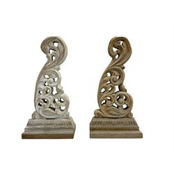 Pair of carved beech table end supports, s-scroll form pierced and carved with scrolls and foliage