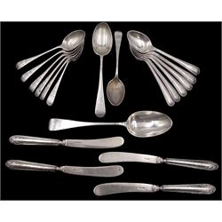 Group of silver flatware, comprising set of six early 20th century teaspoons with foliate engraved detail, hallmarked Joseph Rodgers & Sons, Sheffield 1909 and 1911, a set of six Victorian beaded edge teaspoons, hallmarked Sheffield 1897, Victorian dessert spoon, hallmarked Charles Boyton (II), London 1886, late Victorian teaspoon, and four early 20th century silver handled butter knives, approximate weighable silver 10.27 ozt (319.5 grams)