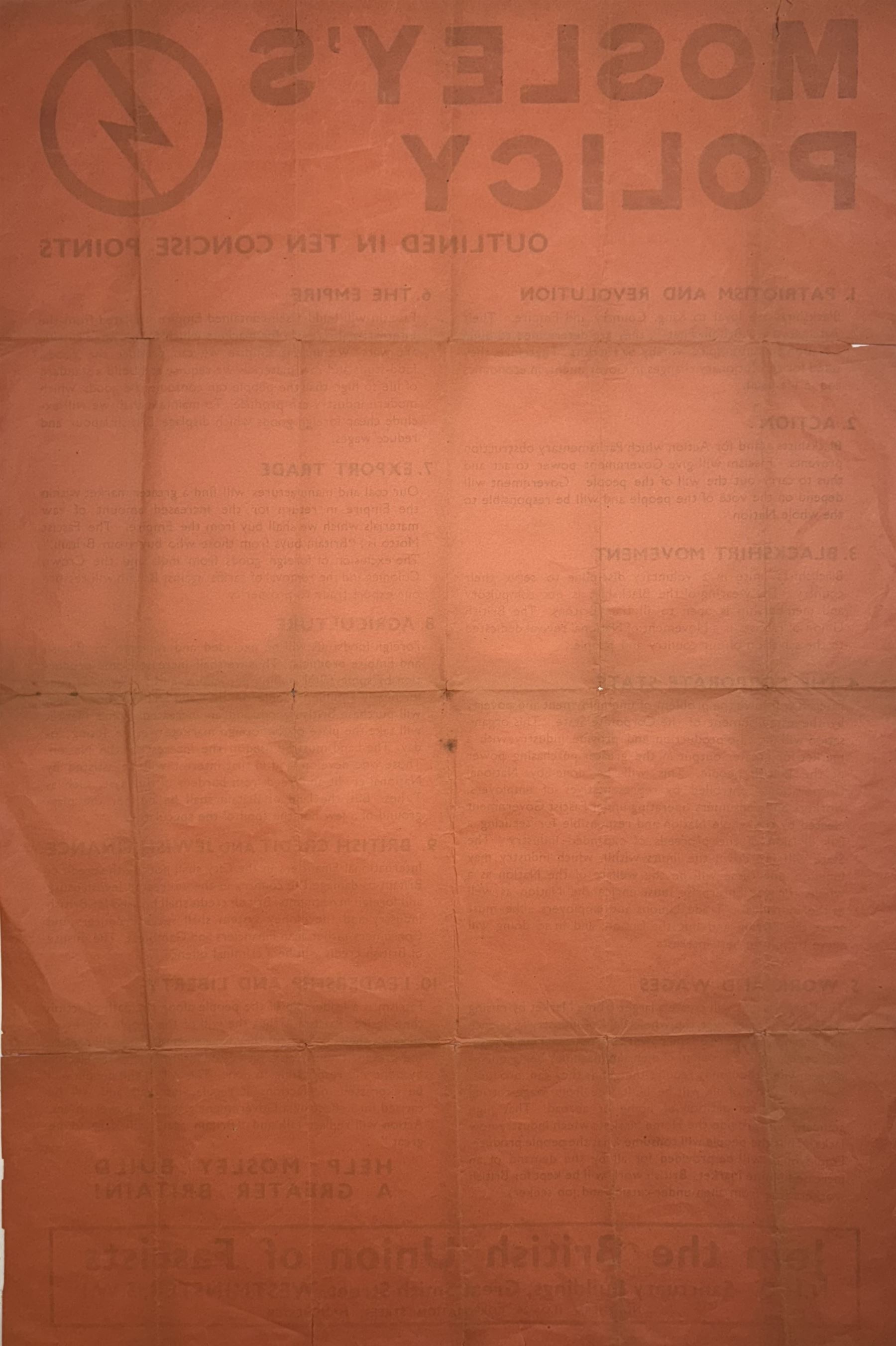 1930's British Union of Fascist poster Mosley's Policy, Outlined in ten concise points, H76cm, W50cm    