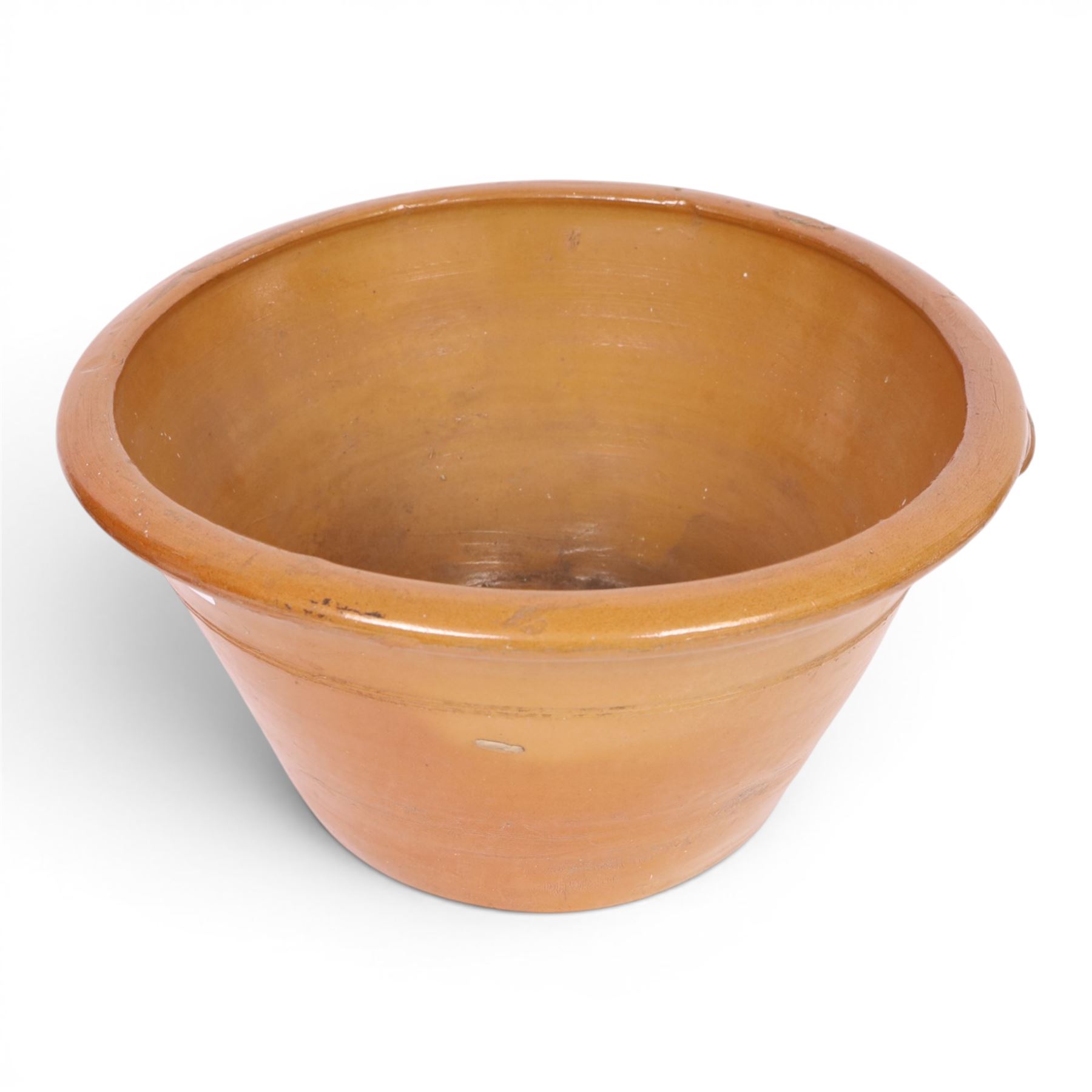 19th century tan twin handled pancheon, of tapering circular form, H26cm, D51cm