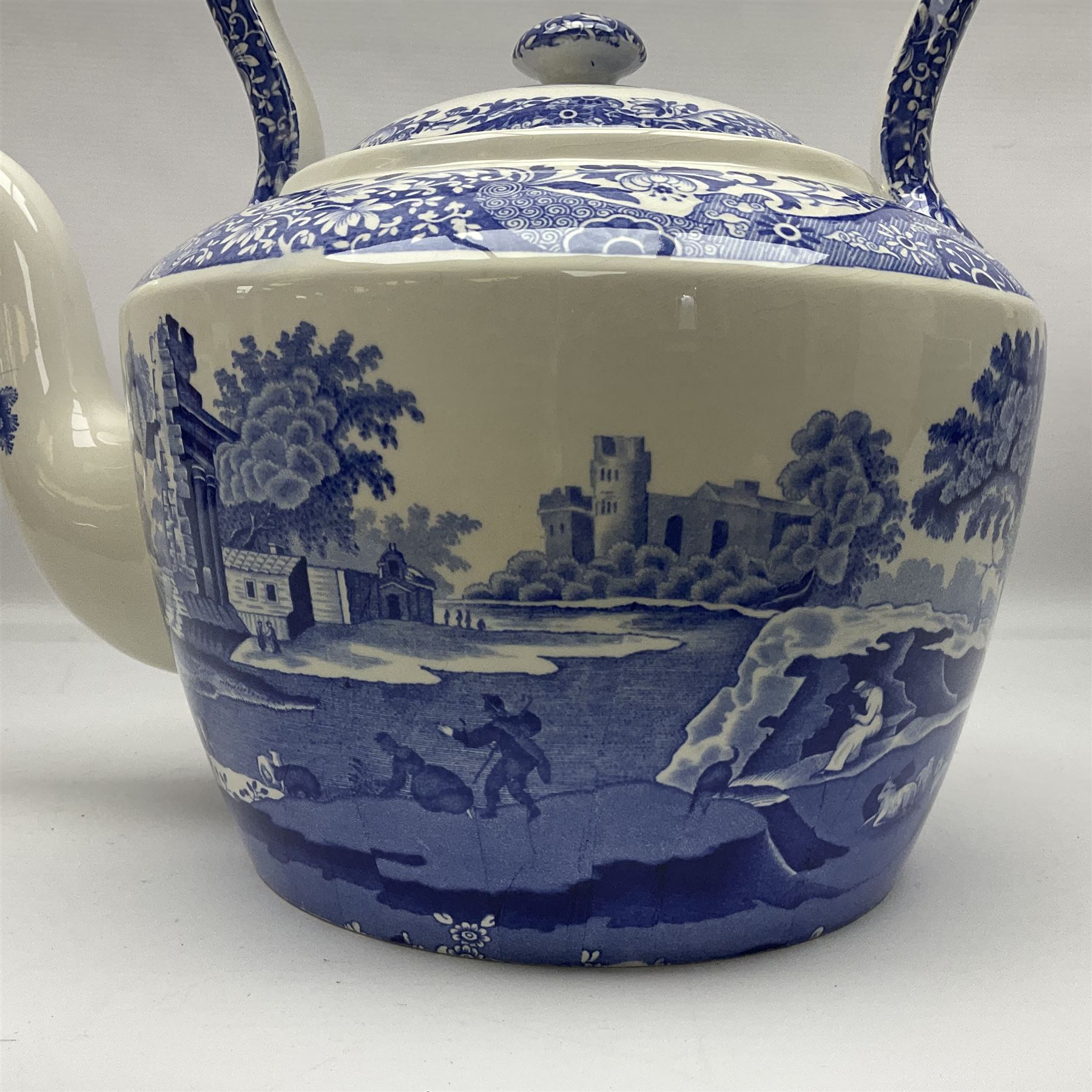 Spode blue and white kettle, decorated in the Italian pattern, with printed mark beneath, H30cm.