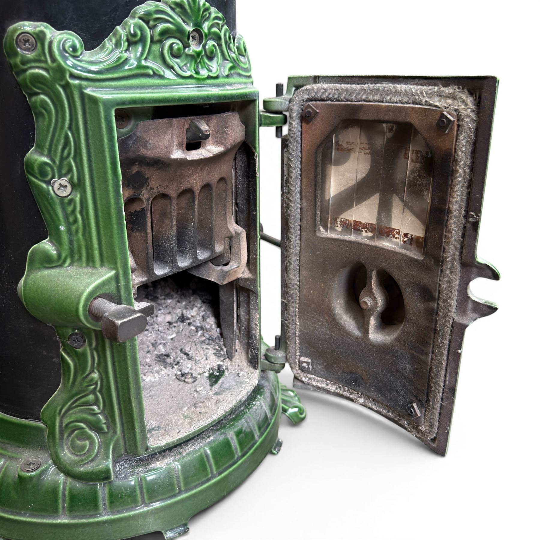 French Godin cast iron enamel stove, circular form, finished in green and black paint