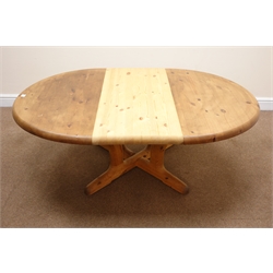  Circular pine extending coffee table, single leaf, arched sledge supports, W149cm, H54cm, D104cm  