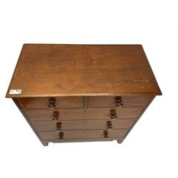 19th century mahogany and pine chest, moulded rectangular top over two short and three long drawers, on shaped apron with bracket feet