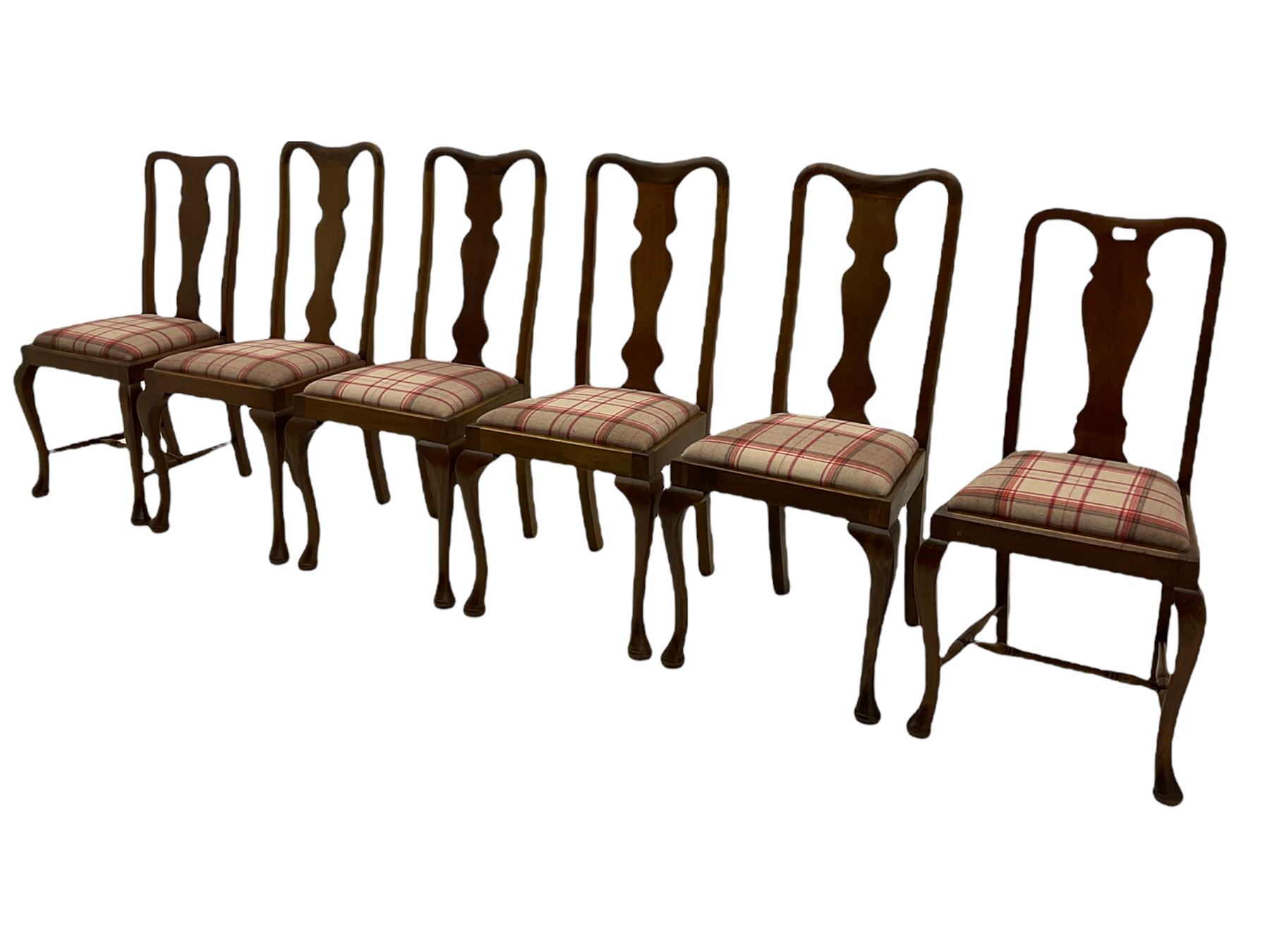 Mixed set of twelve early 20th century mahogany Queen Anne style dining chairs, all with shaped vase backs and cabriole front supports, matching drop-in seats upholstered in tartan patterned fabric