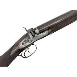 19th century John Jefferson of Scarborough 6-bore (modern 4-bore) double barrel side-by-side percussion gun, with 81cm stub twist damascus barrels (no provision for ramrod), well figured walnut stock with fine chequered grip and fore-end with horn tip and steel butt plate with long tang, well engraved lock and hammers with half-cock safeties on both sides, barrel sling swivel but rear sling swivel removed and replaced with silver escutcheon, London proofmarks, NVN, L128cm