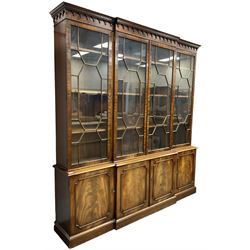 Bevan Funnell - Georgian design mahogany breakfront bookcase, moulded dentil and arcaded frieze over four astragal glazed doors, four cupboards below enclosed by figured doors, on skirted base