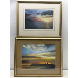 F Rooke (Contemporary): Scarborough North Bay at Sunset, pastel signed, together with another similar, max 28cm x 38cm (2)