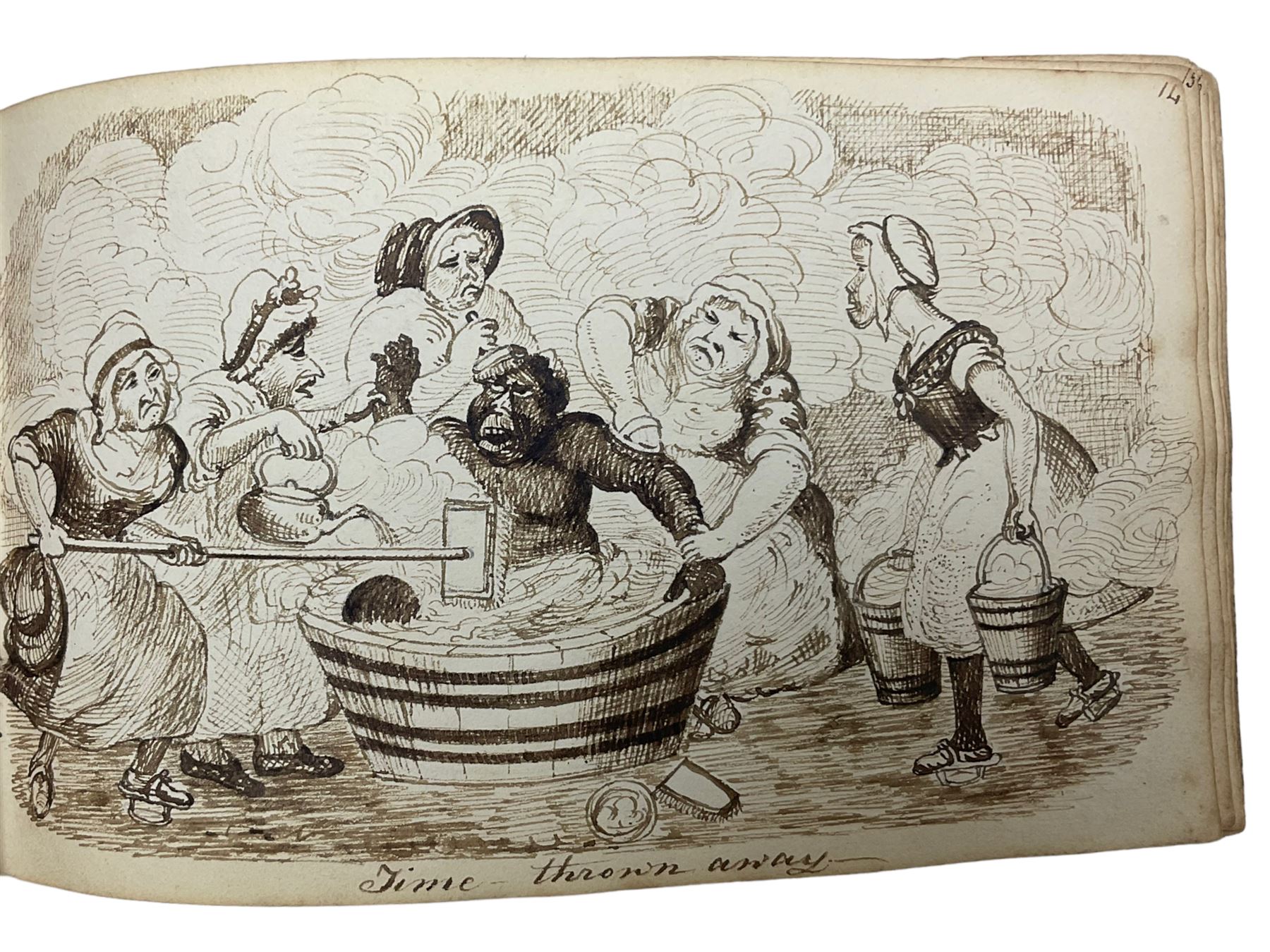 George Cruikshank (British 1792-1878): 'Illustrations of Time', original sketchbook containing eighteen preliminary pen and ink  sketches for the folio pub. 1827, signed in the title page with inscriptions for each sketch 12cm x 19cm
