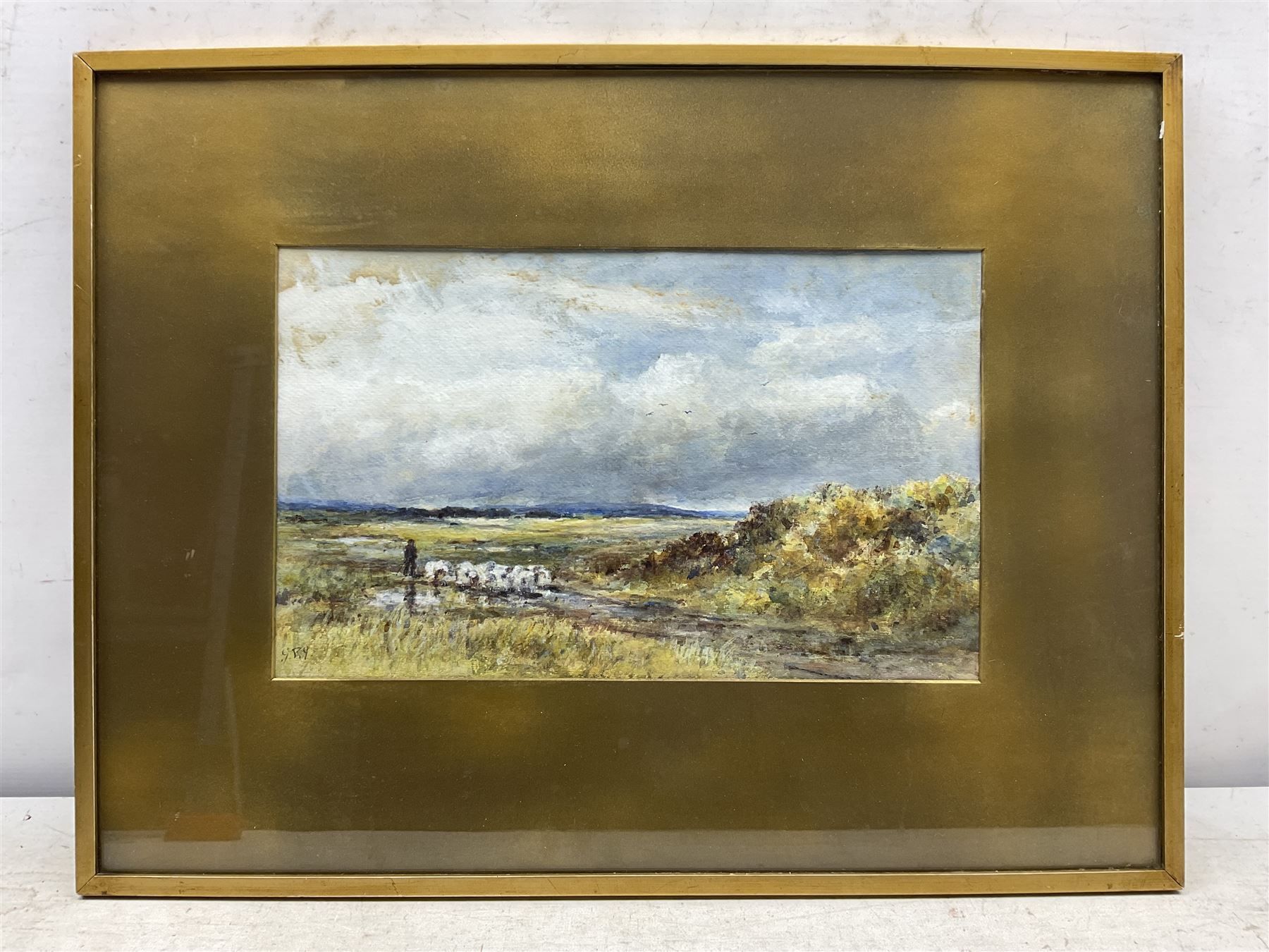 George Russell Gowans (Scottish 1843-1924): Tending to the Flock, watercolour signed with initials 21cm x 34cm