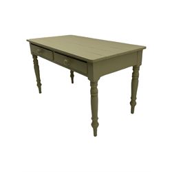 Victorian painted pine table, boarded top over two drawers, turned supports