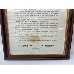 Framed WW2 'Special Order of the Day' poster date 24th May 1940 relating to Narvik in Norway; WW1 Princess Mary Christmas tin with quantity of uniform buttons; cigarette silk of the Prince of Wales in uniform; Royal Navy dinner menus, including HMS Daedalus Taranto forty-third, forty-fourth and forty-fifth anniversary dinners, 1983-1985, the wardroom mess summer ball, etc   