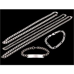 Silver jewellery including two curb link chains, curb link bracelet, curb link identity bracelet and a mariner link chain