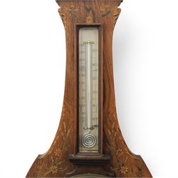 Edwardian mahogany barometer, shaped case with swan neck pediment and urn finial, satinwood inlaid floral and ribbon tied decoration, fitted with silvered thermometer scale over circular aneroid dial, signed W. Allen, Nottingham
