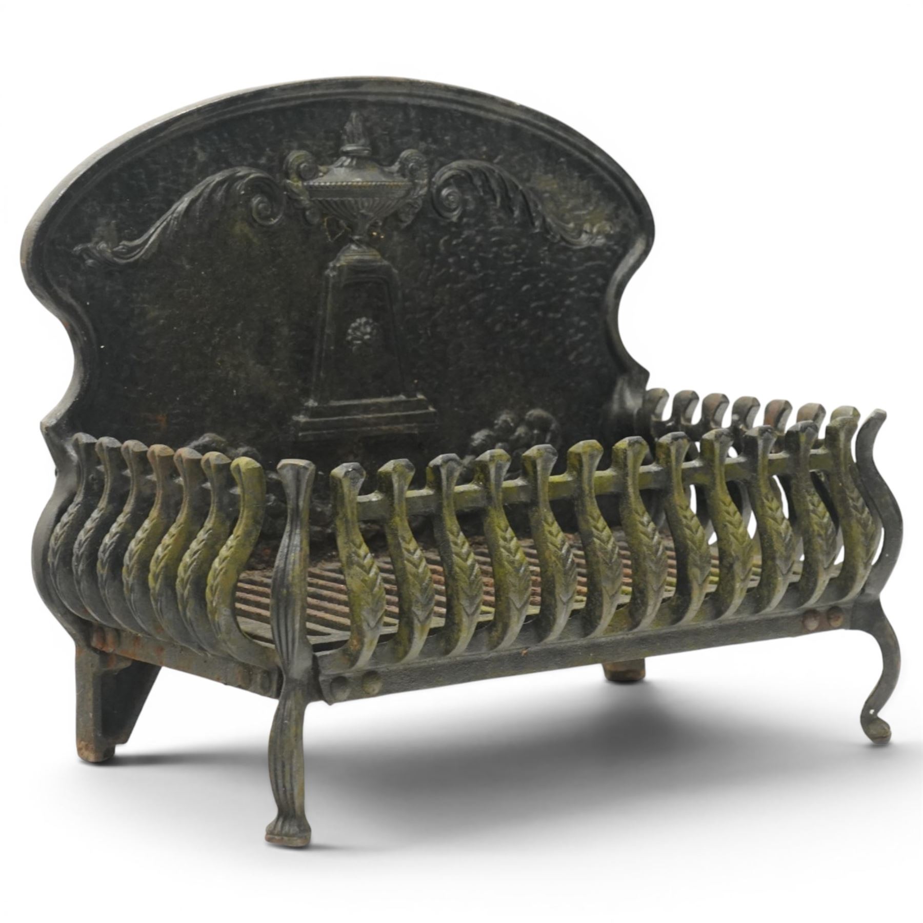 Adam style cast iron fire grate, shaped arched back plate cast with classical urn and scrolling acanthus, railed basket with pierced grate bars, on four cabriole supports