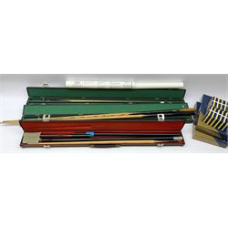 Collection of various snooker cues to include a Lewis & Wilson cue, Master Cue Makers, two other cues, three hard cases, two boxes of Snooker Balls, twelve boxes of chalk and related posters