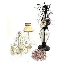 Eight branched chandelier with scrolling and beading decoration, together with a three tiered ceiling light shade, table lamp and a large baluster form vase with mosaic detail