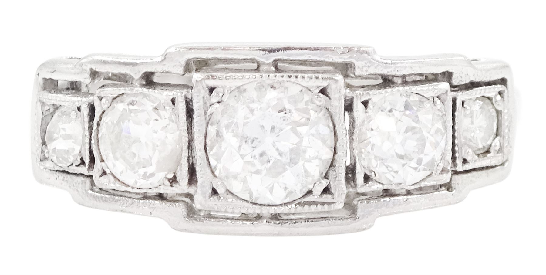 Art Deco white gold diamond ring, five milgrain set graduating old cut diamonds, in a square openwork setting, stamped 18ct, total diamond weight approx 0.80 carat