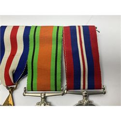 WWII group of five medals comprising 1939-45 War Medal, Defence Medal, 1939-45 Star, Africa Star and France and Germany Star on wearing bar; WWI British War Medal awarded to 142019 Pte. A. Thompson A.S.C.; and boxed King's Badge 'For Loyal Service'