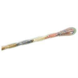 Four Victorian glass walking canes, to include two 'frigger' examples, one with blue twist design and two 'hundreds and thousands' examples, one with a knop finial and filled with micro beads, longest L105cm