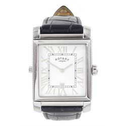 Rotary Revelation reversible night and day gentleman's stainless steel quartz wristwatch, silvered dial with Roman numerals, reversing to a second black dial with baton hour markers, both with subsidiary seconds dials, on original black leather strap, with fold-over clasp, boxed with guarantee dated 2008