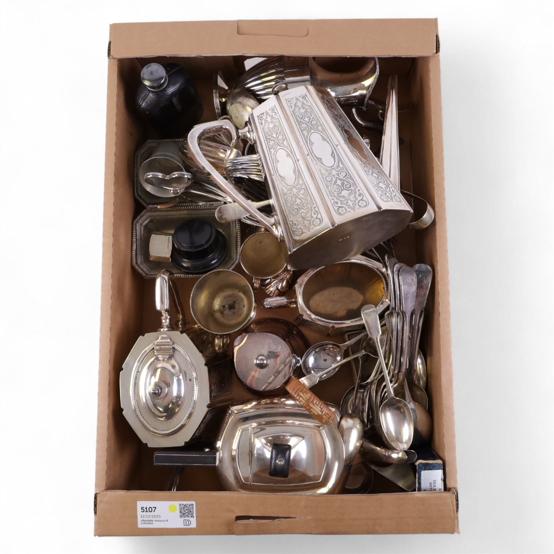 silver napkin ring, hallmarked, together with two Carl Christiansen candle stands and other silver plate 