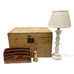 20th century walnut letter rack (a/f), composite table lamp, pine twin handled chest with hinged lid etc, box W52cm H34cm