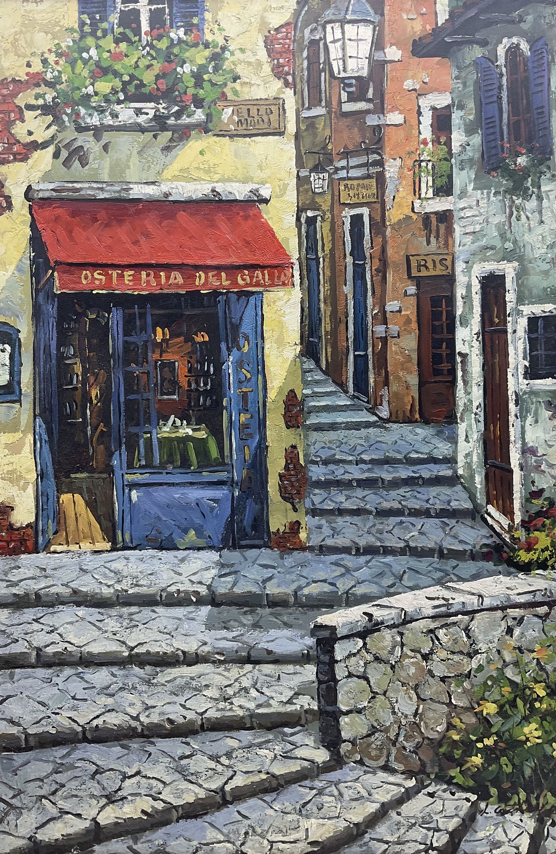 L Catherine (Continental 20th Century): Italian Cobbled Street, oil on canvas signed 90cm x 59cm 