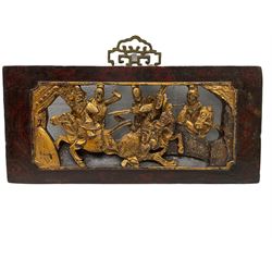 19th century triangular Chinese panel, pierced and carved depicting figure on zoomorphic animal surround by foliate (L37cm), and pair 19th century rectangular Chinese panels pierced and carved depicting horseback battle scenes (W36)