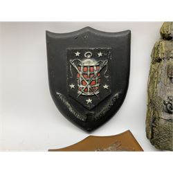 Terry Pratchett Discworld plaques, designed by Clarecraft, comprising 'the First Discworld Event Clarecraft August 95', the collectors guild joining shield, the fools guild DW99C, the seamstresses guild DW98C, the musicians guild DW00C together with 'Door of the mended drum' wall hanging DW17. 