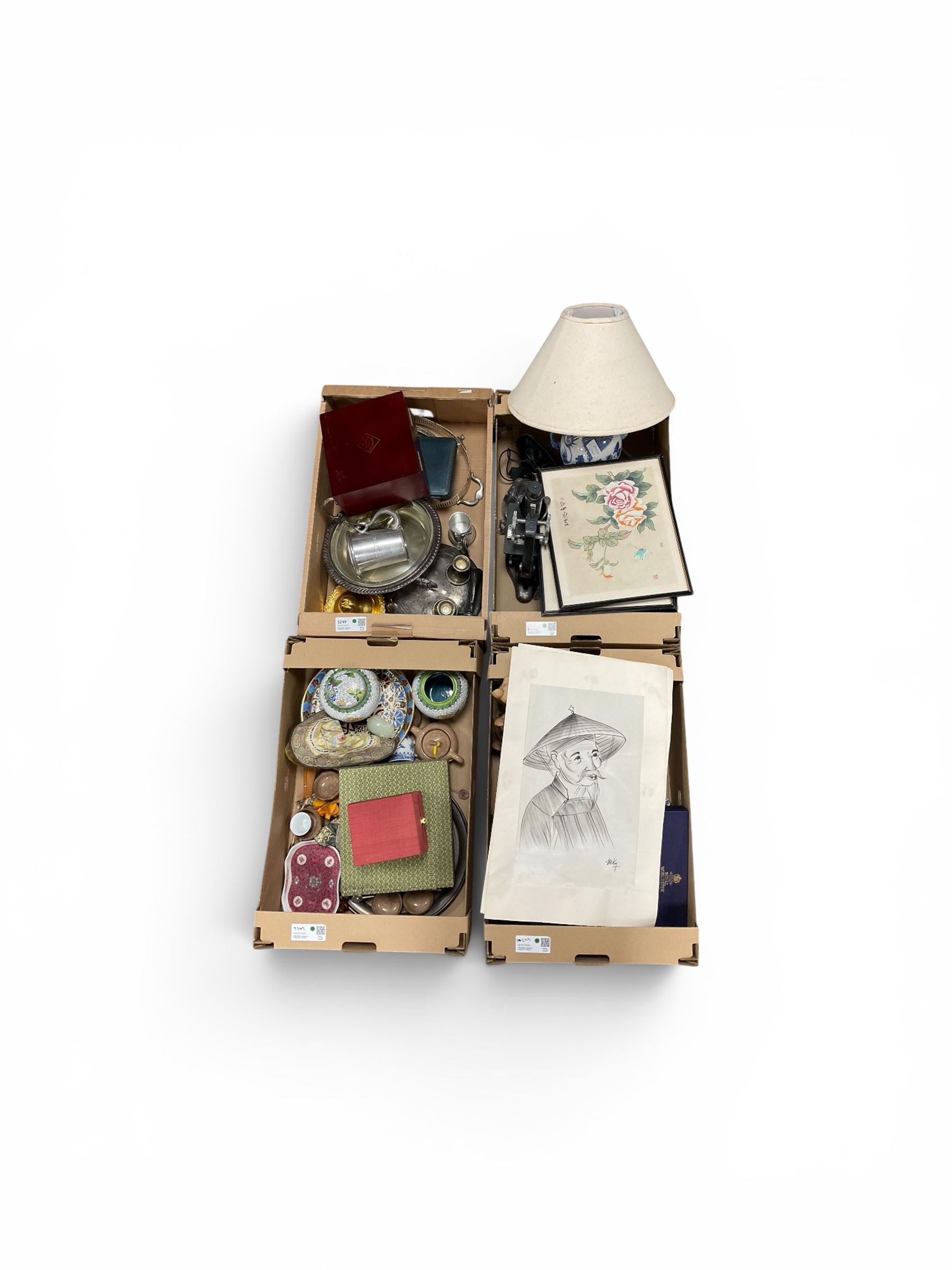 Collection of decorative items, to include two Cloisonne ginger jars, two 20th Century Chinese silk paintings and East Asian ceramic tableware items, in four boxes
