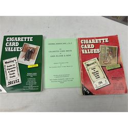 Quantity of mostly cigarette cards, housed in ring binder albums and loose, by Ardath, W.D. & H.O. Wills, John Player & Sons, The American Tobacco Co etc, including famous film stars, cinema stars, wild birds, poultry, dogs etc and various books or catalogues relating to cigarette card collecting, in one box