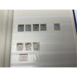 Mostly Great British Queen Victoria stamps, including penny black with black MX cancel, 1840 two pence blue with black cancel, imperf penny reds singles and pairs, perf penny reds stars and plates, various postmarks or cancels, penny reds on pieces or covers, halfpenny 'bantams', other QV issues with some higher values etc, housed in a blue stockbook