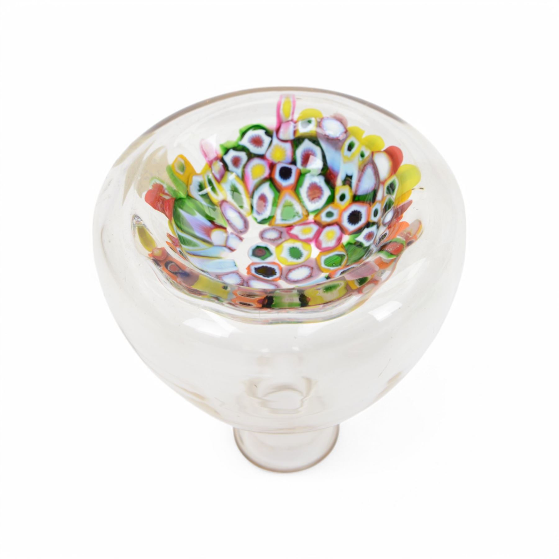 Millefiori glass bowl, upon a circular base, together with a glass bottle with millefiori base and four others 