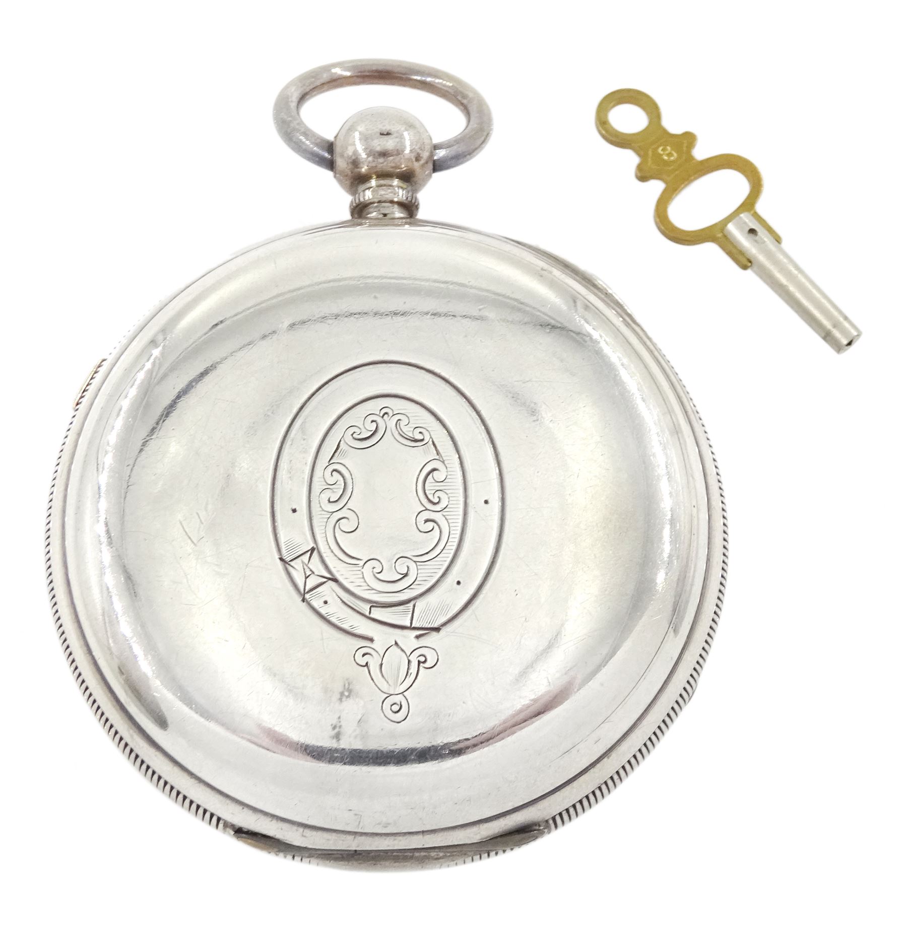 Victorian silver centre seconds key wound chronograph pocket watch by John Blackhurst, Crewe, No. 27206, white enamel dial with Roman numerals, outer track numbered 25-300, case hallmarked Chester 1882
