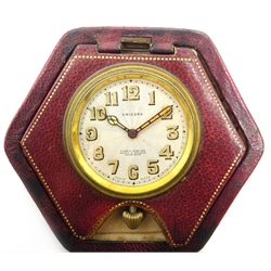 Unicorn Swiss Travel alarm clock, retailed by P. Orr & Sons Ltd Madras &  Rangoon in ox-blood case 8cm high  