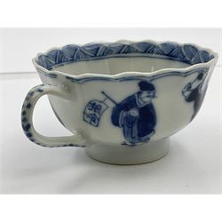 18th century Chinese blue and white Kangxi teacup and saucer, decorated with dancing figures, four character Kangxi mark beneath, saucer D10cm