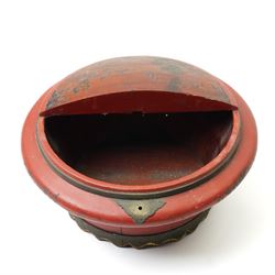 Early 20th century Chinese red lacquered marriage basket, the exterior with character and fruit motifs, H43cm; together with a red painted dowry basket, on shaped circular foot, H19cm x D35cm (2)