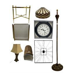 Contemporary wall clock, metal wall clock, wicker basket cage, standard lamp, similar table lamp, lamp shade, an occasional table and a fire screen (8)