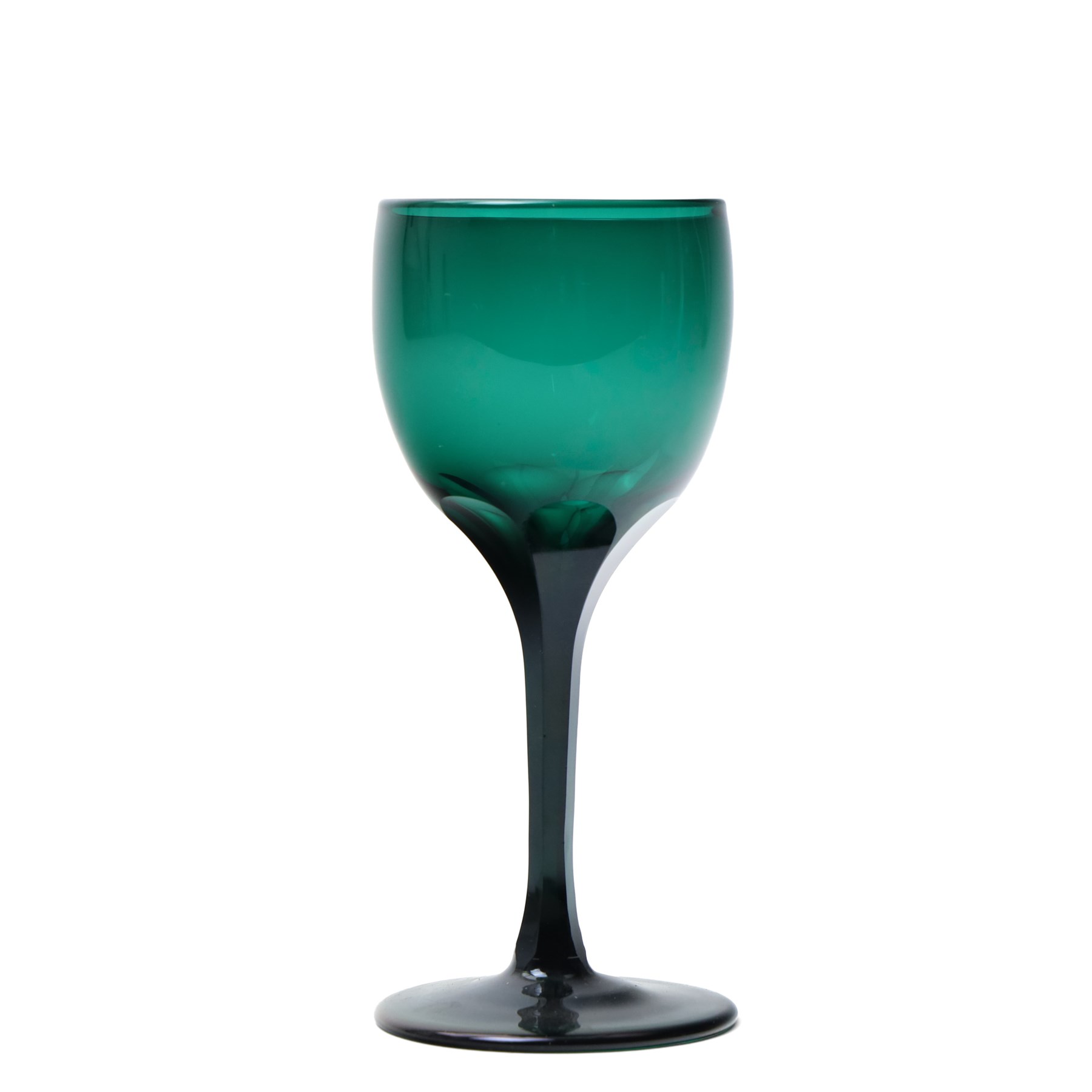 Five green wine glasses of early 19th century design with conical bowls and double knop stems on a circular foot, with pontil marks, pair of green wine glasses with chamfered stems together with an Asprey catalogue of green glass 1740-1840 and two pieces of glass fruit and leaves