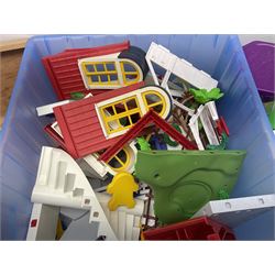 Quantity of loose Playmobil figures, playset parts and accessories, with small amount of Britains Ltd figures etc, in two boxes 