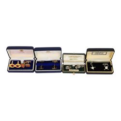 Three pairs of silver cufflinks, comprising jockeys cap pair, Halcyon days teddy bear enam...