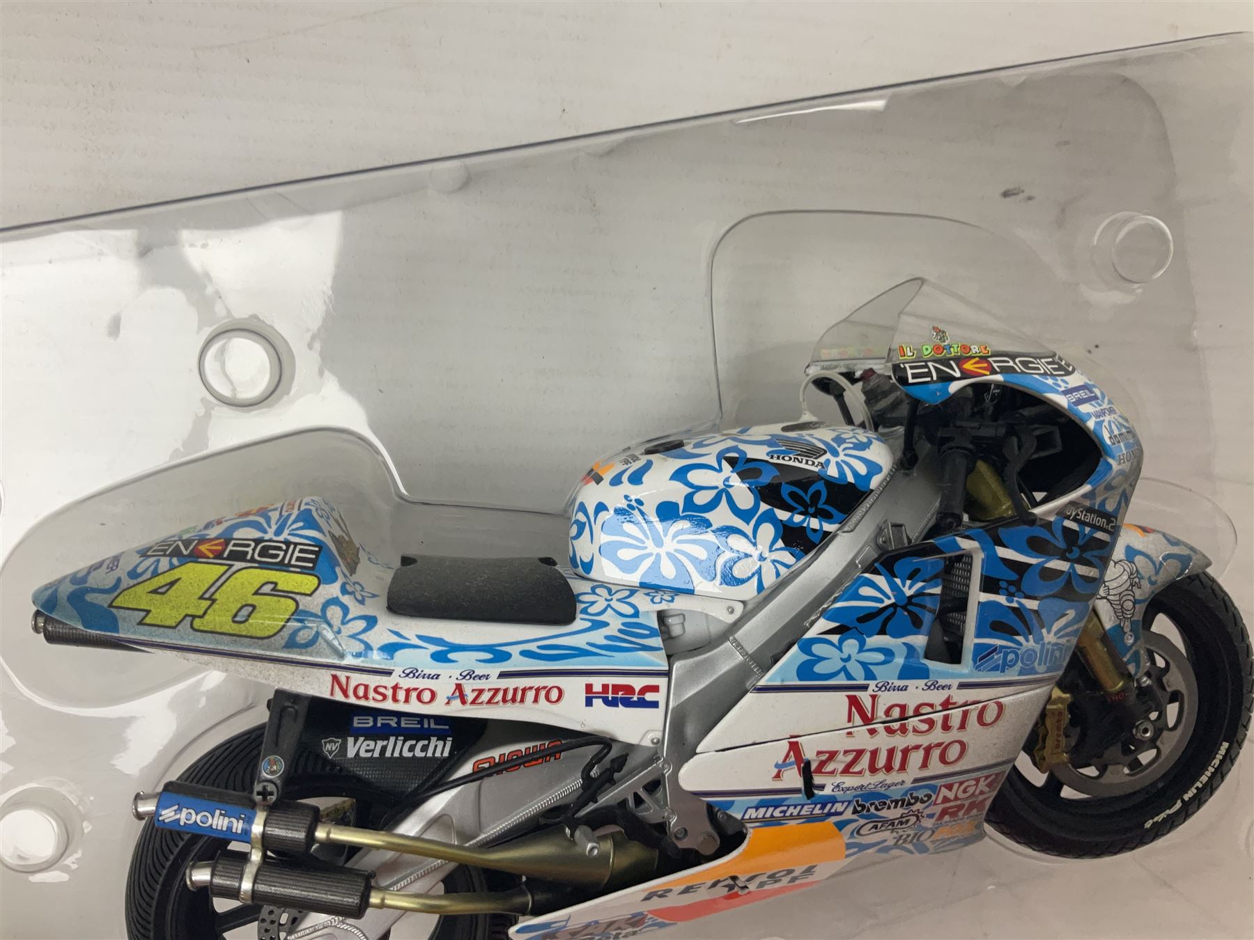 Two Minichamps limited edition Valentino Rossi Collection 1:12 scale die-cast motorcycles - Honda NSR500 Valentino Rossi Team Nastro Azzurro GP Donington 2000 with rider; and Honda NSR500 Valentino Rossi Team Azzurro GP Mugello 2001 Dirty Version; both boxed (2)